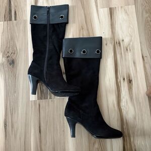 Söfft Boots Womens Size 8.5 Black KneeHigh Heeled Grommet Detail Chic Modern